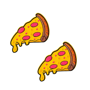 Two Pizza Patches (2-Pack) Food Embroidered Iron On Patch Applique on a white background.