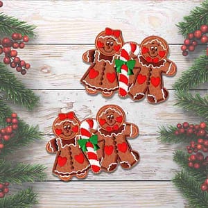 Two (2 Pack) Christmas Gingerbread Couple Iron On Patch Applique with candy canes on a wooden background.
