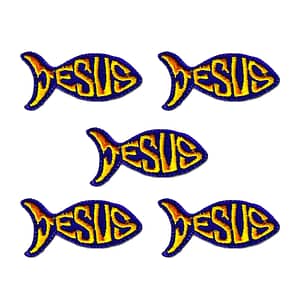 Four Jesus Fish Patches (5-Pack) Religious Iron On Patch Appliques with the word jesus on them.