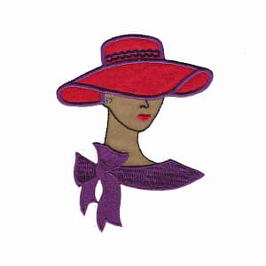 A Tan Lady in Red with Sequined Earring and Hat Band Iron On Patch - Small, adorned with sequins.