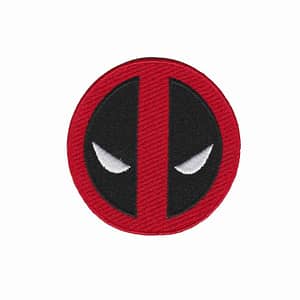 A Deadpool Logo Iron On Patch embroidered on a white background.