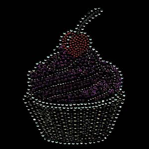 A Rhinestone Cupcake Hotfix Design Iron on Applique with a cherry on top is shown on a black background.