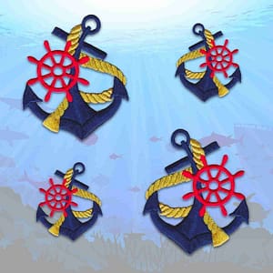 Four Navy Anchors with Red Ships Wheels and Gold Rope Iron on Patches on a blue background.