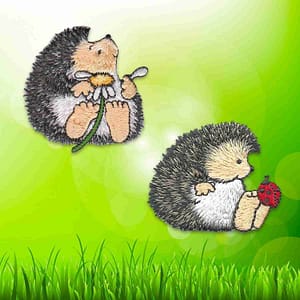 Two Cute Hedgehog Patches (2-Pack) Sets, Hedgehog with Daisy and Lady Bug Iron on Patch Appliques sitting in the grass with a strawberry.