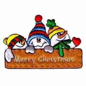 Three snowmen sitting on a wooden board with the word merry christmas.