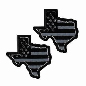 Two black and white Texas State Patches (2-Pack) American Flag Embroidered Iron On Patch Appliques on a white background.
