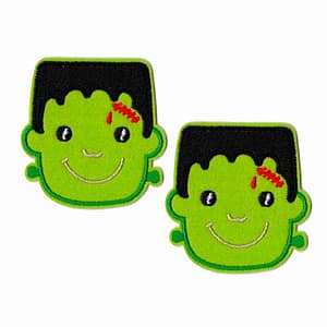 Two green Frankenstein Patches (2-Pack) Halloween Embroidered Iron On Patch Appliques on a white background.