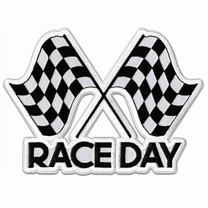 A Race Day Checkered Flag Iron on Patch with two checkered flags.