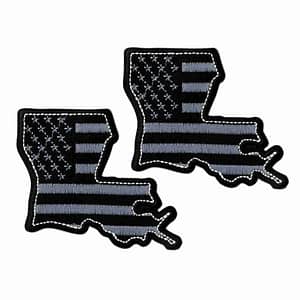 Two Louisiana State Patches (2-Pack) USA Flag Embroidered Iron On Patch Appliques on a white background.