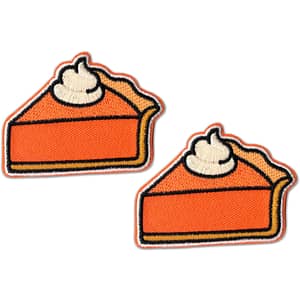 Two pieces of Pumpkin Pie Patches (2-Pack) Thanksgiving Embroidered Iron On Patch Appliques embroidered on a white background.