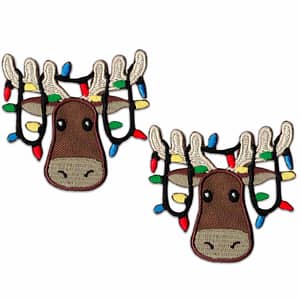 Two Reindeer with Lights Patches (2 Pack) Christmas Embroidered Iron On Patch Applique on their heads.