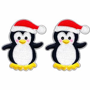 Two Penguin Patches (2-Pack) Christmas Embroidered Iron On Patch Applique wearing santa hats.