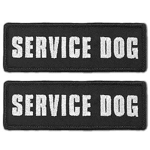 Two Service Dog Patches (2-Pack) Highly Reflective Embroidered Hook and Loop Patches for Dog Vest or Harness on a black background.