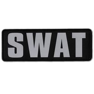 A black Sheriff Patch - Ultra Reflective Hook and Loop Patch for Tactical Vest with the word swat on it.