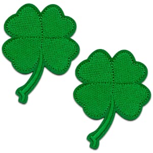 Two 4 Leaf Clover Patches (2-Pack) St. Patrick's Day Shamrock Iron On Embroidered Patch on a white background.
