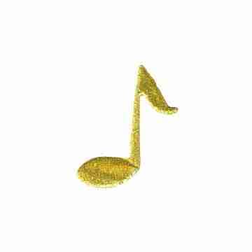 A gold Eighth Note Musical Iron On Patch on a white background.