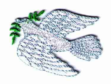 A white Dove of Peace Religious Iron On Patch (5 Pack) with an olive branch in its beak.