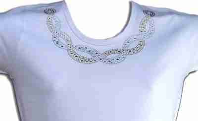 A white t-shirt with the Braided Rhinestud Iron On Neckline Patch Applique on it.
