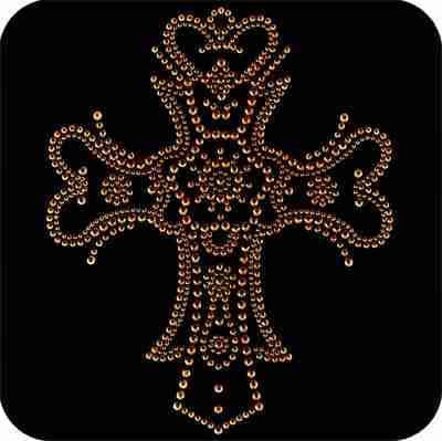 A Gold Gothic Cross Rhinestuds Iron On Religious Applique with rhinestones on a black background.