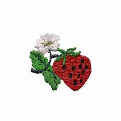 A Strawberry with Vine and Flower Iron On Patch on a white background.