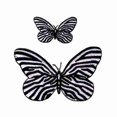 Two Large Zebra Butterfly Iron On Patch patches on a white background.