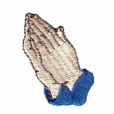 A Praying Hands Iron On Religious Patch (5 Pack) embroidered on a white background.