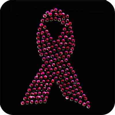 A Breast Cancer Awareness Rhinestone Hotfix Applique with red crystals on a black background.