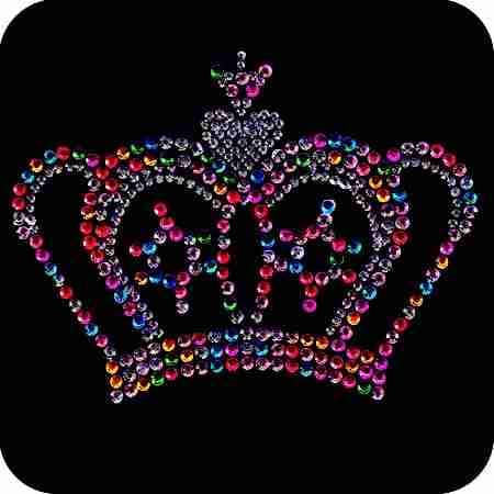 A Royal Multi-colored Crown Rhinestud Iron On Applique on a black background.