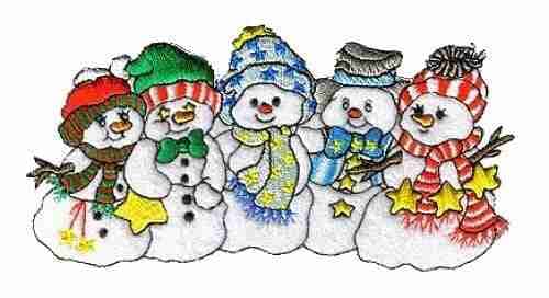 A group of Christmas Holiday 5 Snowbuddies Snowmen Iron On Patch wearing hats and scarves.