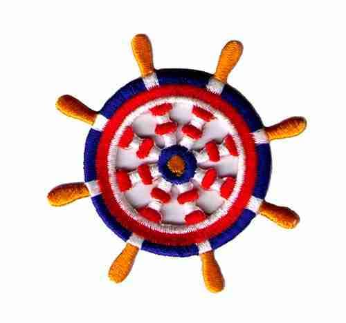 A Primary Color Ship's Wheel Nautical Patch Applique (3-Pack) Iron On Patch on a white background.