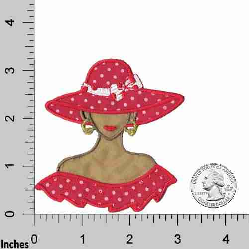 An image of a woman wearing a Tan Red Hat Polka Dot Lady Iron On Patch - Small.