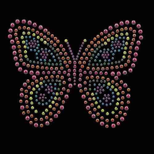 A Multicolored Rhinestud Butterfly Iron on Applique - Large made of colorful beads on a black background.