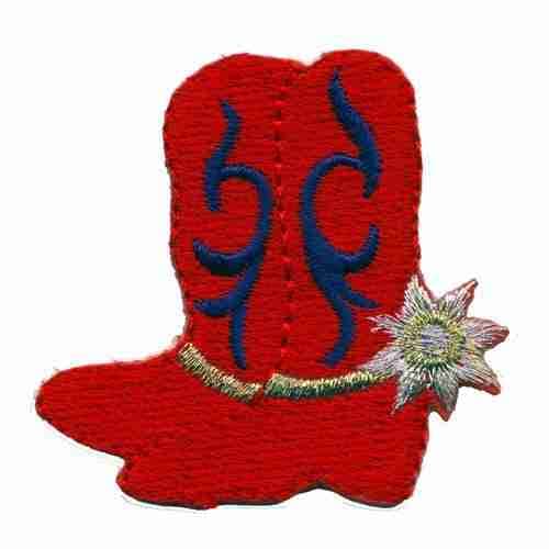 A red Boots Patches (3-Pack) Western Embroidered Iron on Patch Applique cowboy boot with a blue flower on it.