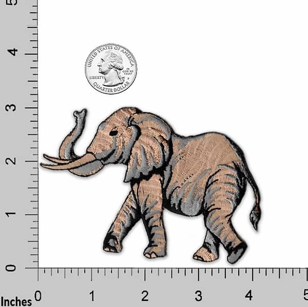 An elephant is standing next to a Curious Zebra in Grass Embroidered Iron On Patch.