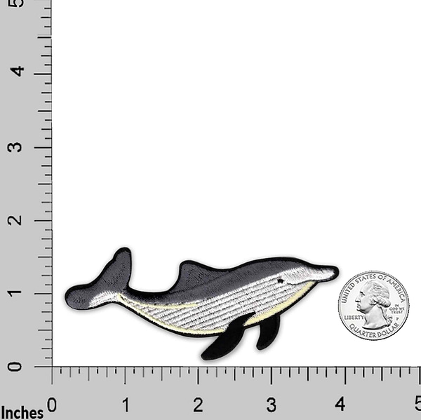 An image of a dolphin with a Curious Zebra in Grass Embroidered Iron On Patch next to it.