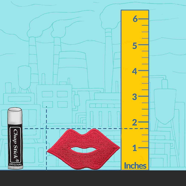 A ruler next to a Red Lips Embroidered (3-Pack) Iron On Patch - Large and a bottle of lip balm.