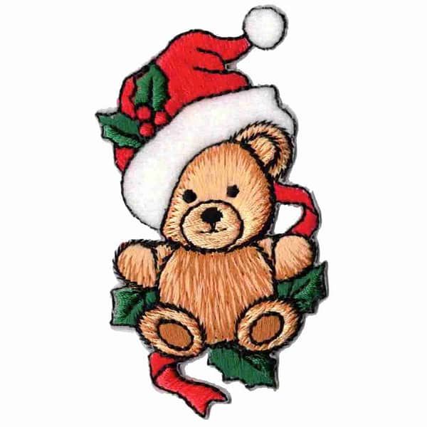 A Christmas Bear Patches (2-Pack) Christmas Embroidered Iron on Patch wearing a santa hat.