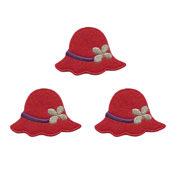 Four Red Hat Patches (3-Pack) Red Hat Lady Embroidered Iron On Patch Applique with flowers on them.