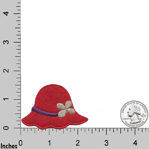 A Red Hat Patches (3-Pack) Red Hat Lady Embroidered Iron On Patch Applique with a flower on it is shown next to a ruler.