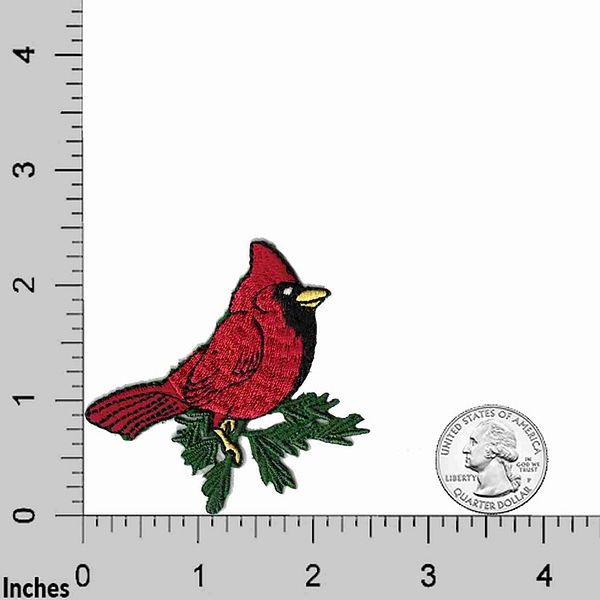 A Cardinal on Branch Patches (3 Pack) Bird Embroidered Iron On Patch Appliques sitting on a branch.