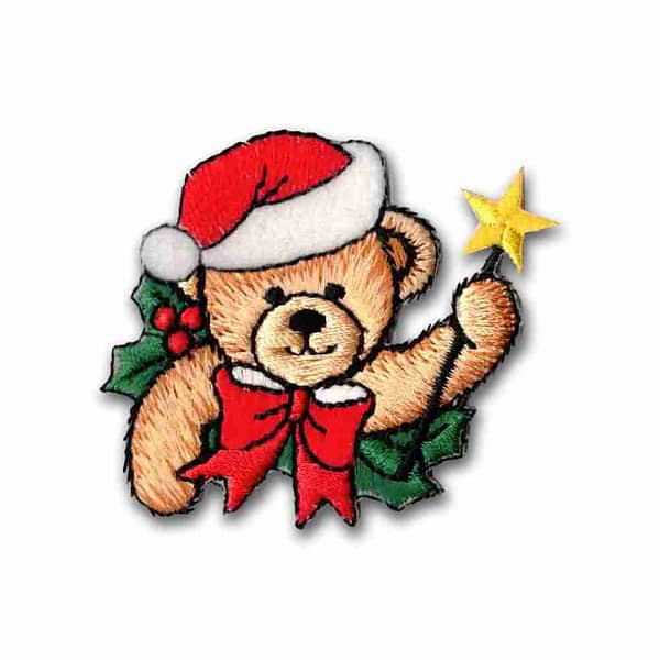 A Christmas Bear Patches (2-Pack) Christmas Embroidered Iron on Patch wearing a santa hat and holding a star.