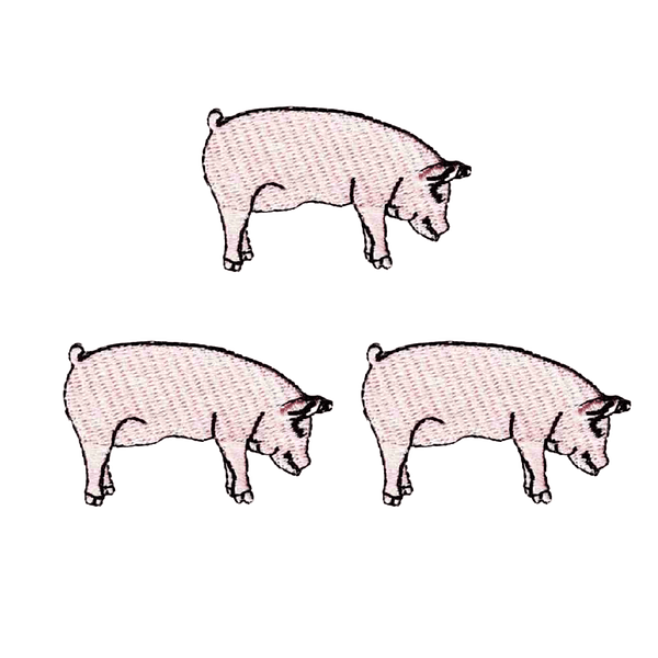 Four Pig Patches (3-Pack) Farm Animal Embroidered Iron On Patch Appliques standing on a white background.