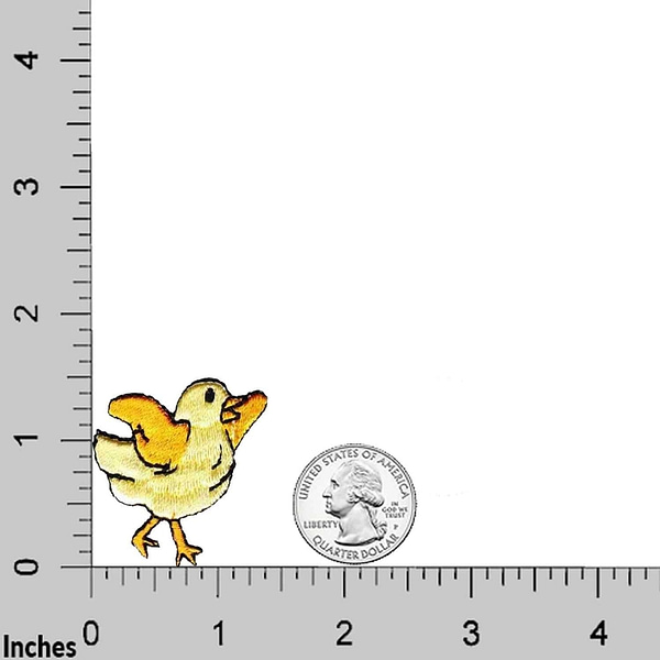 A yellow Chick Patches (5-Pack) Chicken Embroidered Iron On Patch Appliques is standing next to a ruler.