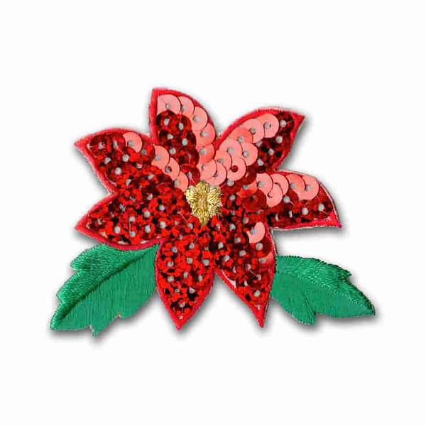 Sequin Poinsettia Patches (2-Pack) Christmas Embroidered Iron On Patch Applique.