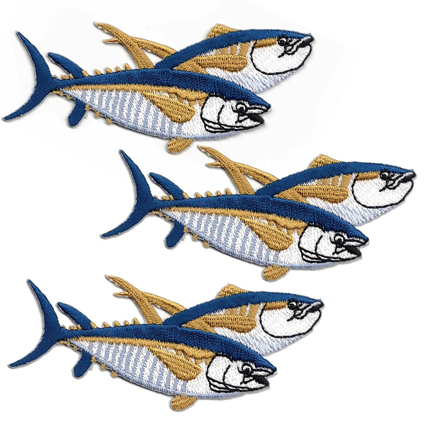 Four Double Yellow Fin Tuna (3-Pack) Fish Patch Iron On patches on a white background.