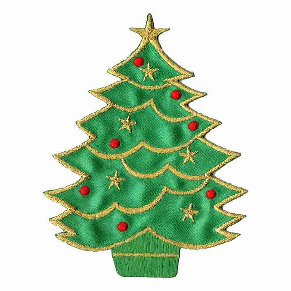A green Christmas Tree Holiday Iron On Patch on a white background.