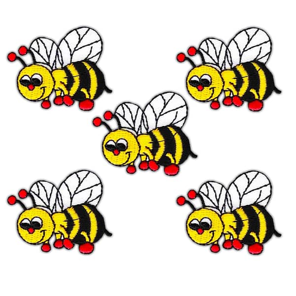 Four Bee Patches (5-Pack) Insect Embroidered Iron On Patch Appliques on a white background.