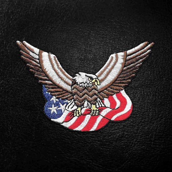 A Bald Eagle with American Flag Iron On Patch embroidered on it.