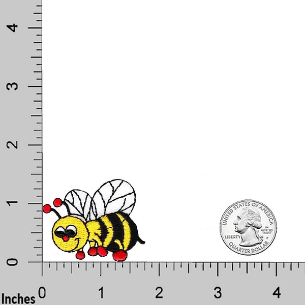 A Bee Patches (5-Pack) Insect Embroidered Iron On Patch Appliques on a ruler next to a dime.