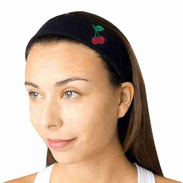 A woman wearing a black headband with Double Cherries Patches (5-Pack) Fruit Embroidered Iron on Patch Appliques on it.